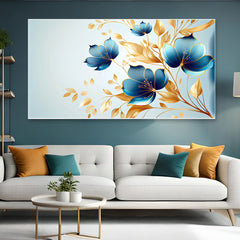 Elegant Blue and Golden Floral Canvas Floating Framed Canvas Wall Painting