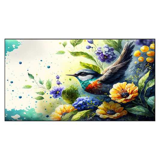 Adorable Bird with Flowers Canvas Framed Floral Painting for Wall Decoration