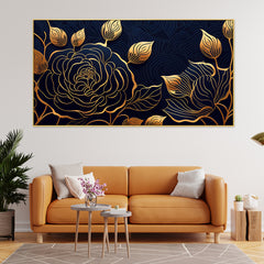 Gold Generative Luxury Rose Flowers Framed Canvas Painting for Wall Decoration
