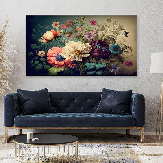 Beautiful Fantasy Vintage Flowers Bunch Floating Frame Canvas Painting