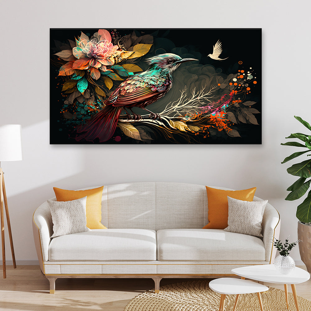 Colorful Bird with Flower Branch Floating Frame Canvas Wall Painting