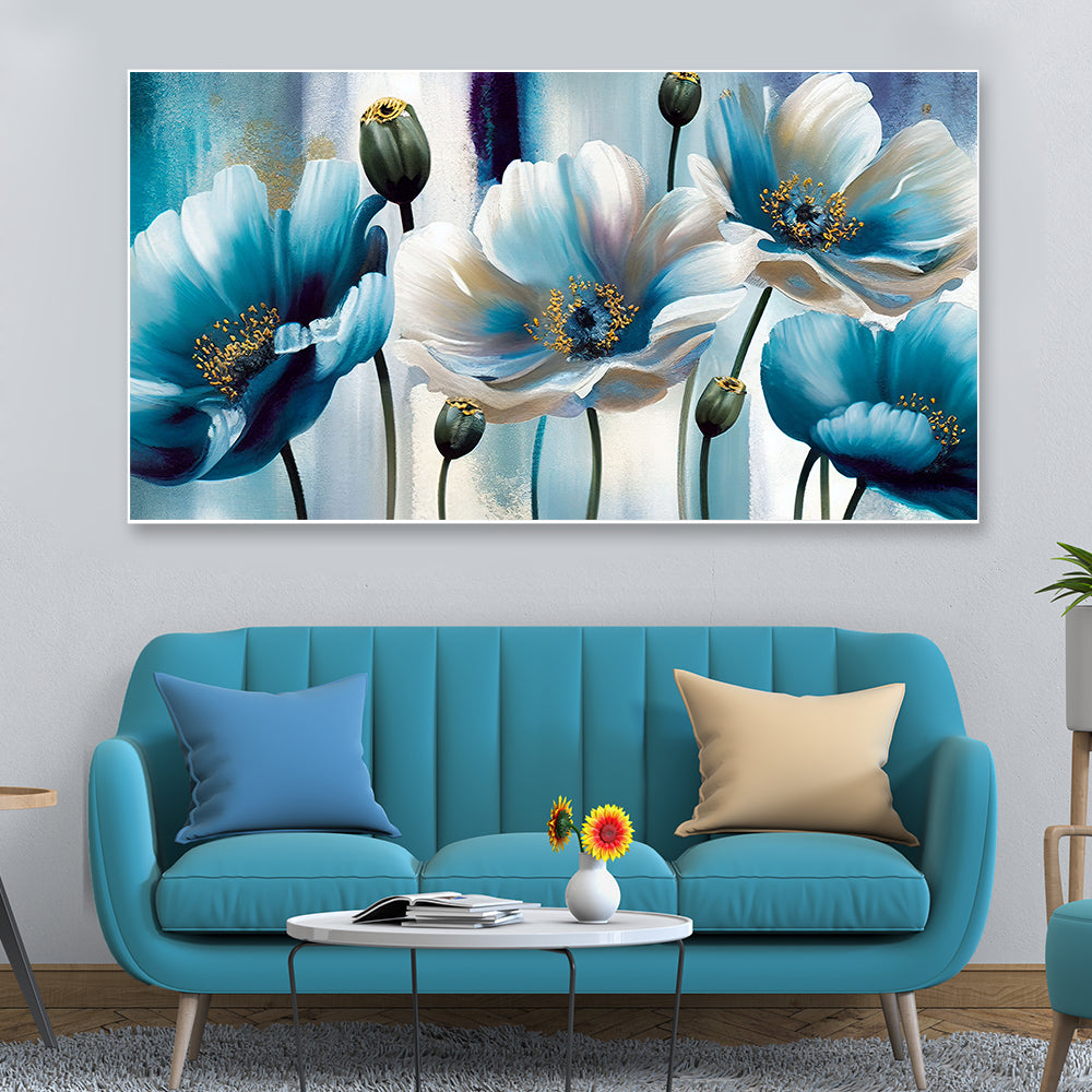 Beautiful Blue and White Flowers Floating Frame Canvas Painting