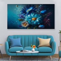 Blue and Yellow Flowers Floating Framed Canvas Wall Painting