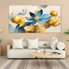 Elegant Blue Flowers with Golden Leaf Floating Framed Canvas Wall Painting