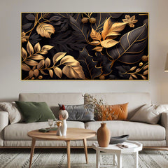 Beautiful Golden Leaf Canvas Floral Wall Painting with Floating Frame
