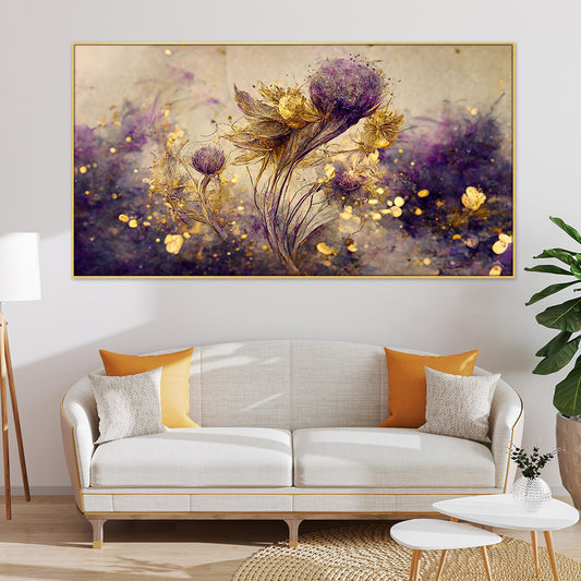 Luxurious 3D Golden and Purple Floating Framed Floral Canvas Wall Painting