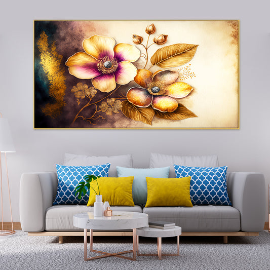 Abstract Golden Flower Frame Canvas Painting for Bedroom, Living Room Wall Décor