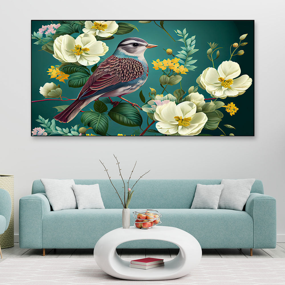 Beautiful Bird on Floral Branch Floating Frame Canvas Painting for Wall Decoration