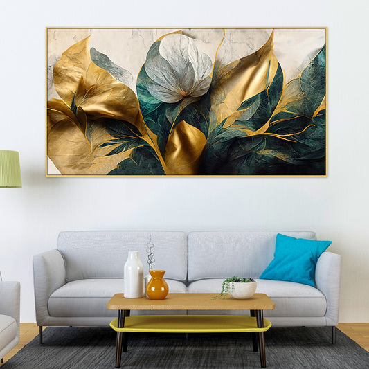 Luxurious Golden Flower Canvas Art Elegant Floating Framed Wall Painting