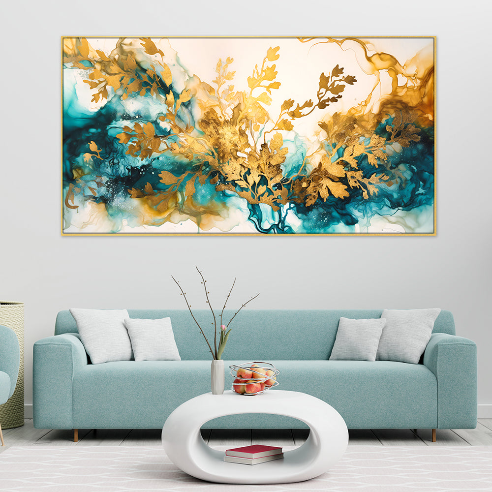 Luxurious Abstract Gold and Blue Floating Framed Canvas Wall Painting