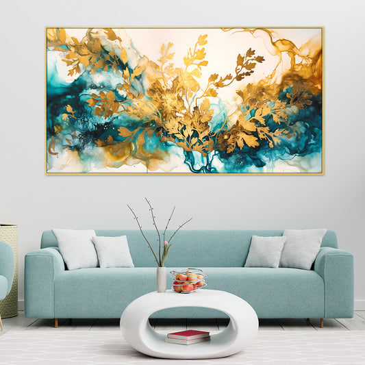 Luxurious Abstract Gold and Blue Floating Framed Canvas Wall Painting
