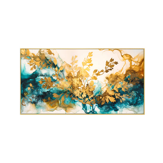 Luxurious Abstract Gold and Blue Floating Framed Canvas Wall Painting