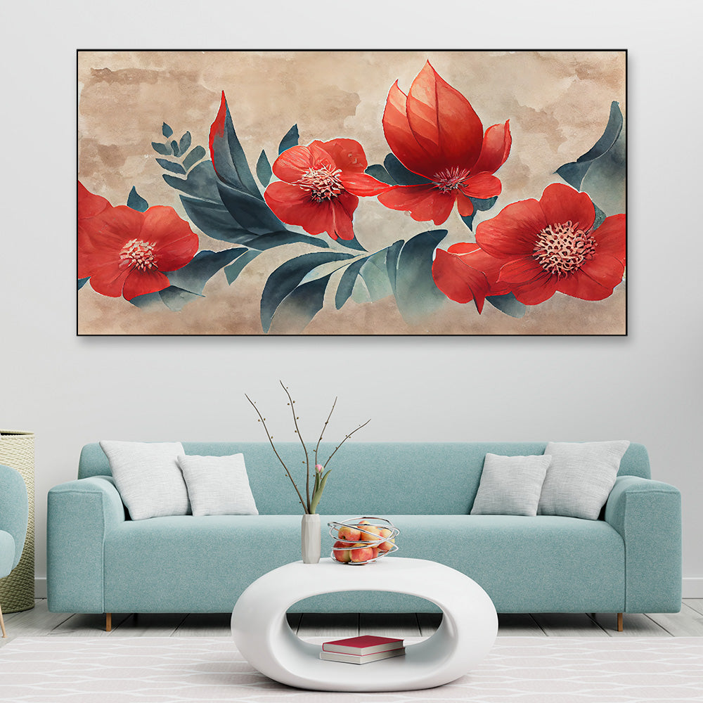 Red Flower Background with Japanese Floral Pattern Illustration Canvas Wall Painting