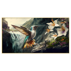 Beautiful Bird with Blue Gold Feathers Flower Nature Landscape Art Print Canvas Floating Frame Wall Painting