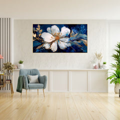 Beautiful Botanical White Gold Flowers Floating Frame Canvas Wall Painting