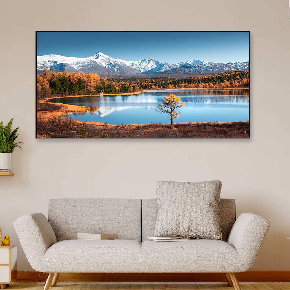 Siberean Snow Covered Mountains and Lake Yellow Autumn Beautiful Forest Floating Framed Canvas Painting