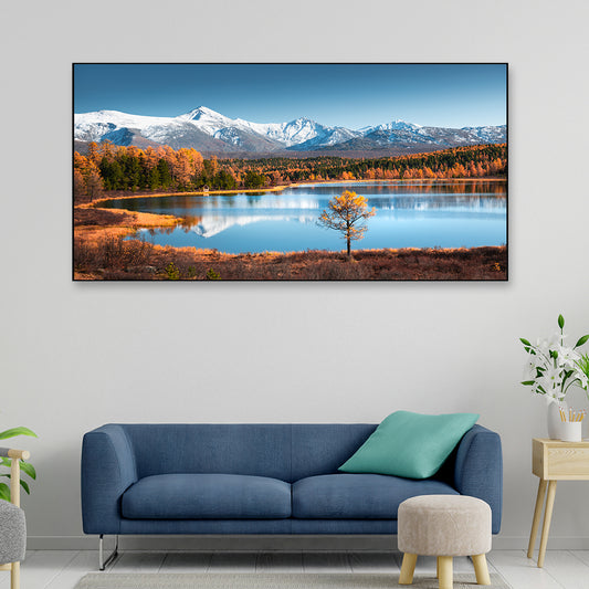 Siberean Snow Covered Mountains and Lake Yellow Autumn Beautiful Forest Floating Framed Canvas Painting