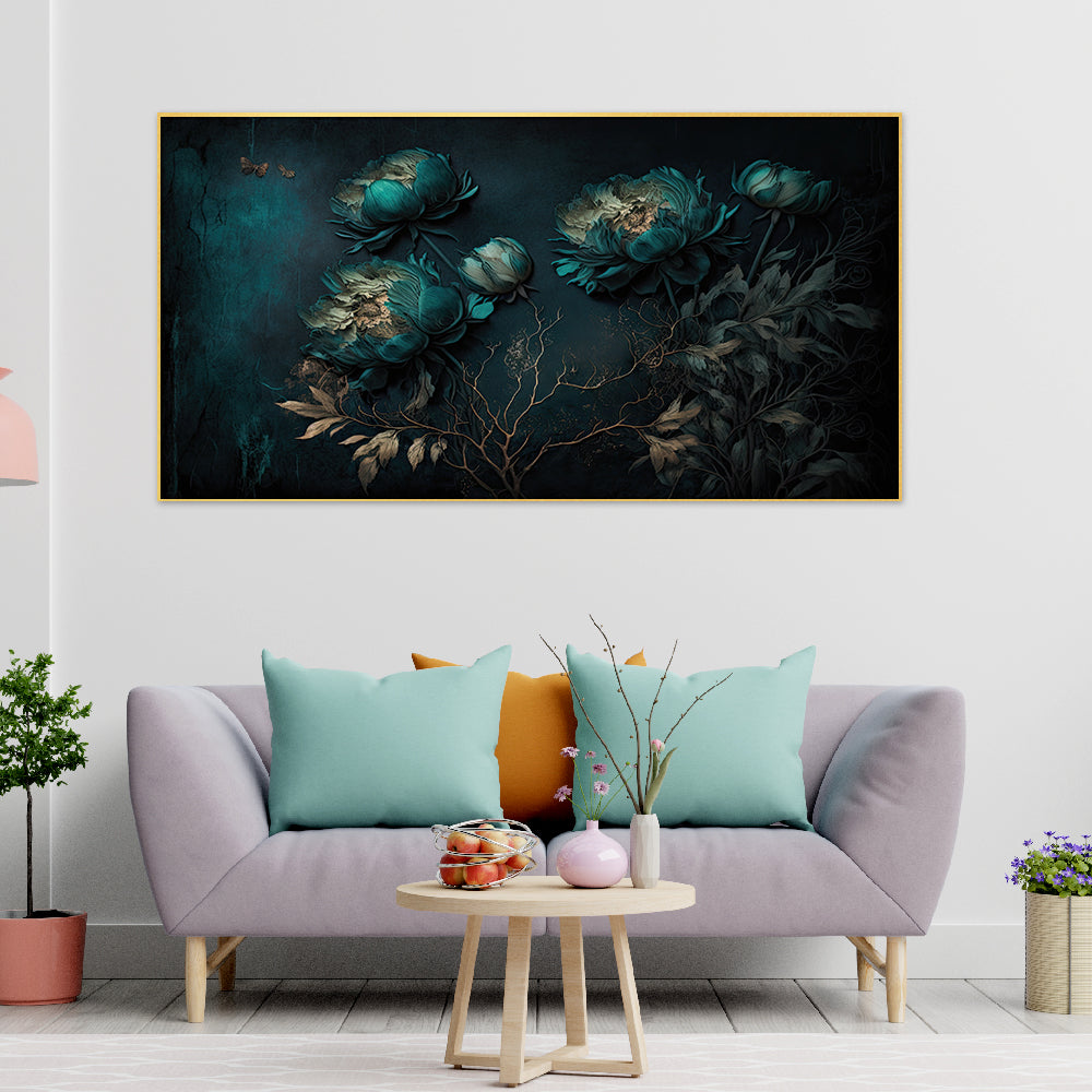Teal Color Flowers Floating Frame Canvas Paintings for Home and Office Décor