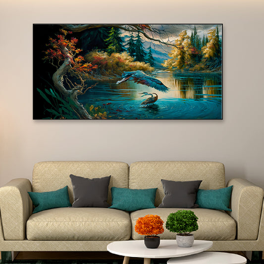 Vintage Landscape Forest with Lake Floating Framed Canvas Wall Painting