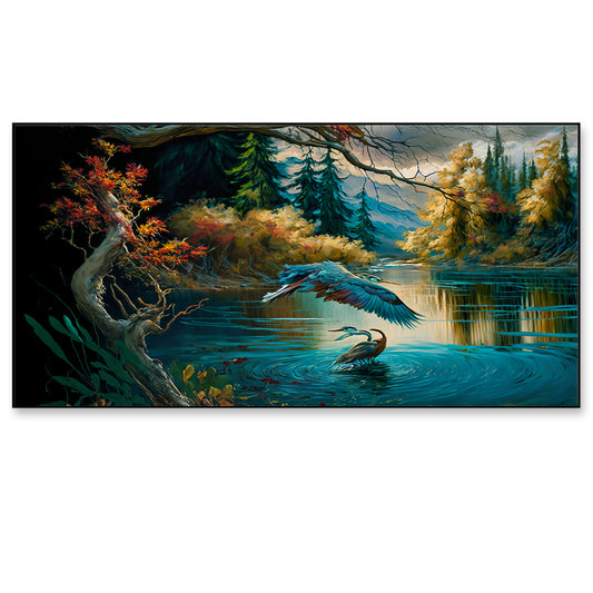 Vintage Landscape Forest with Lake Floating Framed Canvas Wall Painting