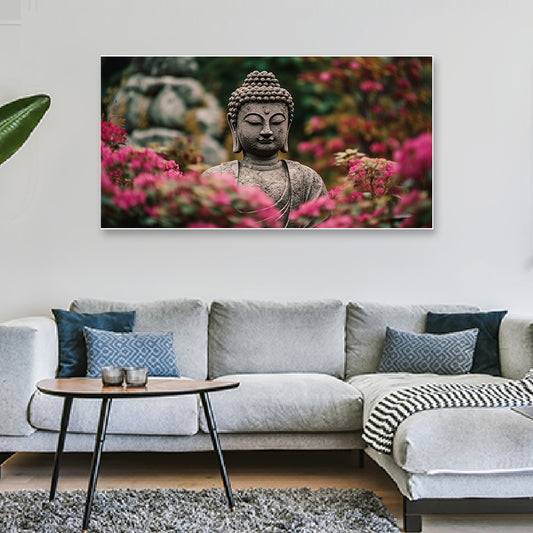 Meditating Lord Budha with Flowers Canvas Wall Painting