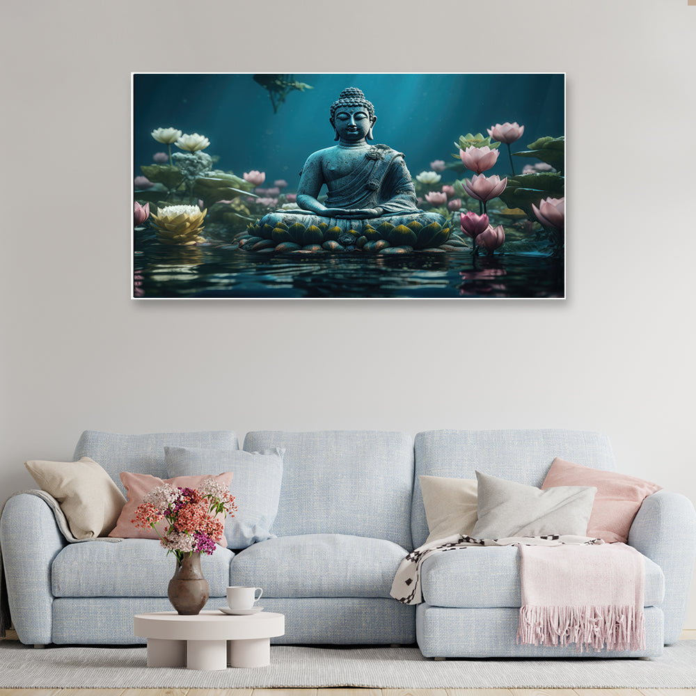 Meditating Budha with Pink Lotus Flowers Canvas Wall Painting