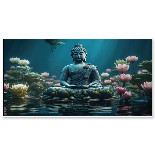 Meditating Budha with Pink Lotus Flowers Canvas Wall Painting