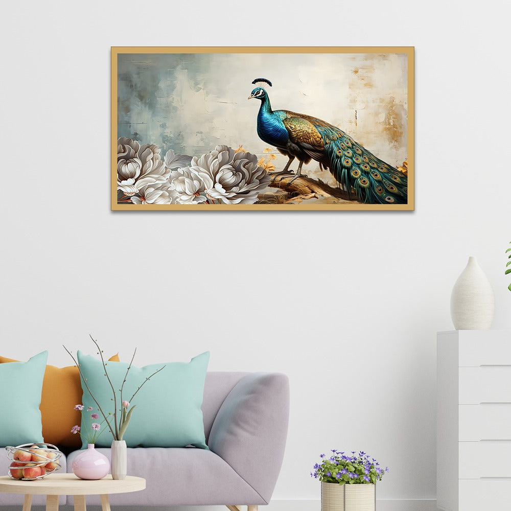 Peacock Wall Décor Floating Frame Canvas Painting for Vastu Home Decoration