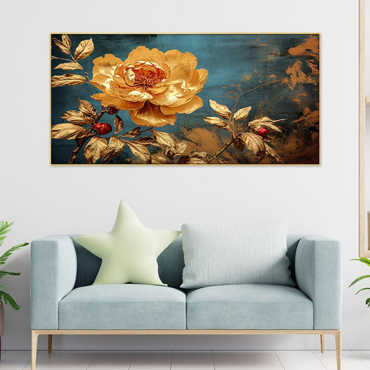 Gold Rose Floral Canvas Floating Frame Canvas Painting For Wall Decoration