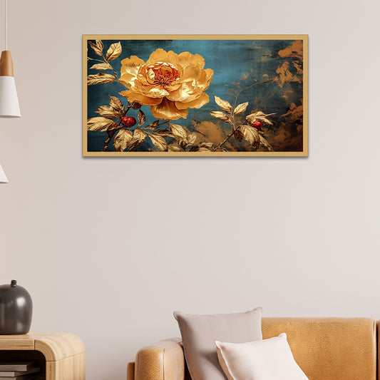 Gold Rose Floral Canvas Floating Frame Canvas Painting For Wall Decoration
