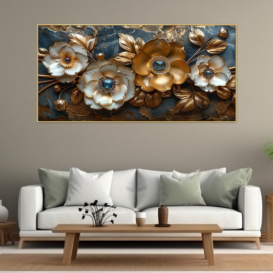 Elegant Golden Floral Canvas Wall Painting With Floating Frame For Home Decoration
