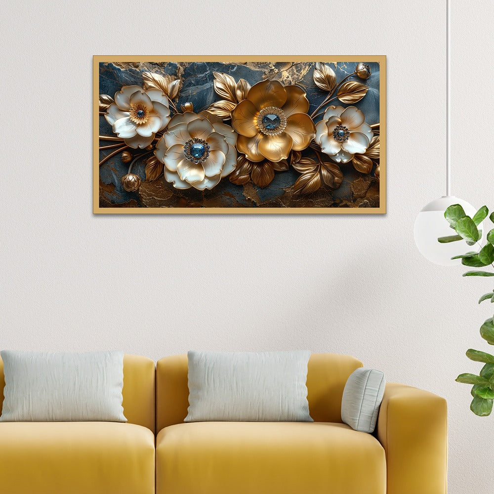 Elegant Golden Floral Canvas Wall Painting With Floating Frame For Home Decoration