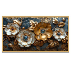 Elegant Golden Floral Canvas Wall Painting With Floating Frame For Home Decoration