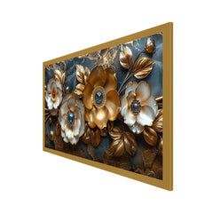 Elegant Golden Floral Canvas Wall Painting With Floating Frame For Home Decoration