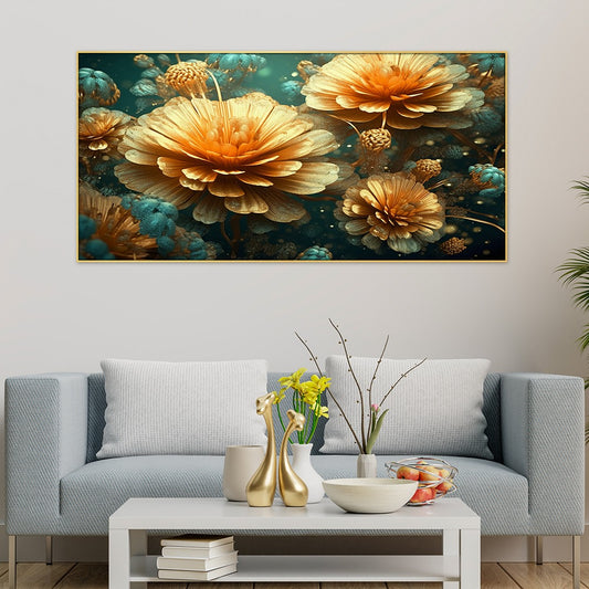 Elegant Yellow 3d Floral Canvas Wall Painting With Floating Frame