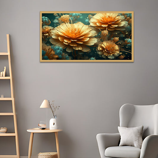Elegant Yellow 3d Floral Canvas Wall Painting With Floating Frame