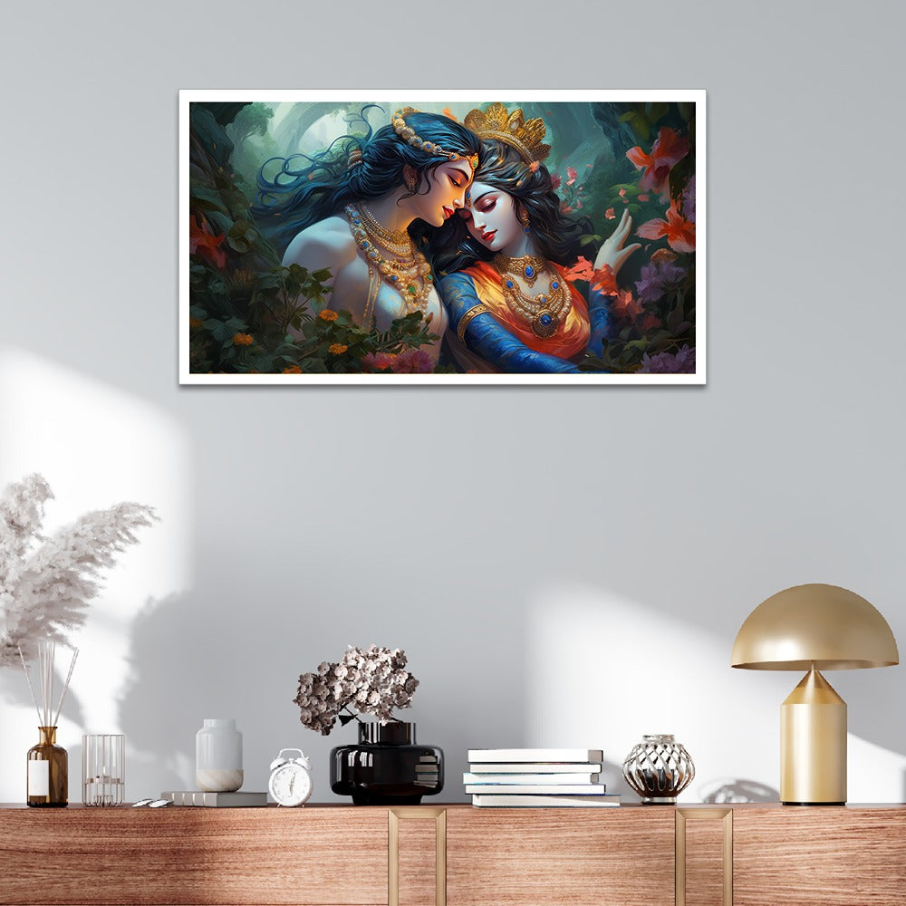 Beautiful Radha Krishna Hindu Religious Floating Frame Canvas Painting For Wall Décor