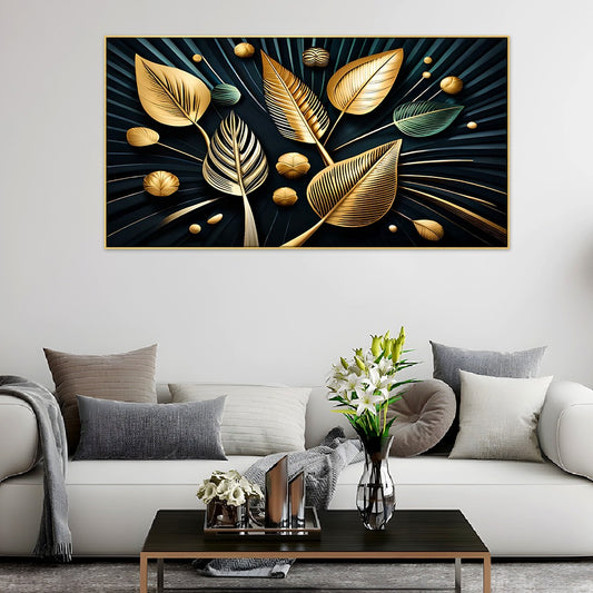 Gold Leaves with Black Background Floating Frame Canvas Painting for Wall Décor