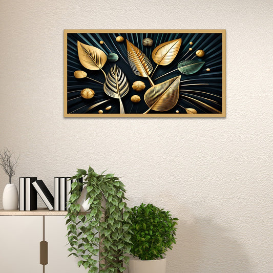 Gold Leaves with Black Background Floating Frame Canvas Painting for Wall Décor