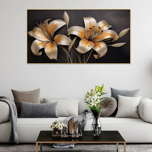 Blooming Lilies Golden Floral Floating Frame Canvas Wall Painting For Home and Office Décor