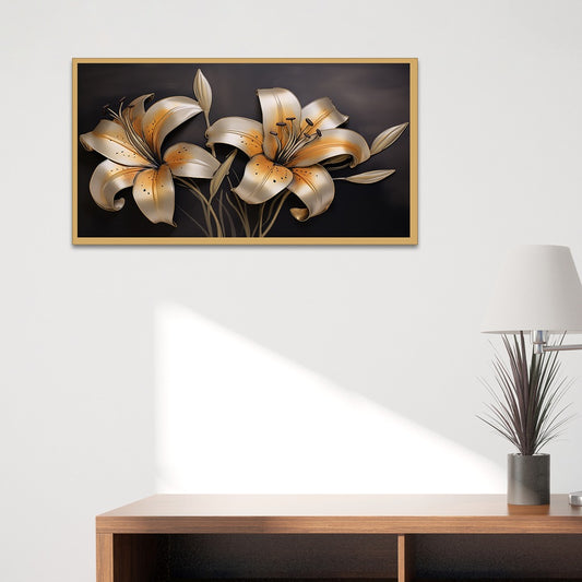 Blooming Lilies Golden Floral Floating Frame Canvas Wall Painting For Home and Office Décor