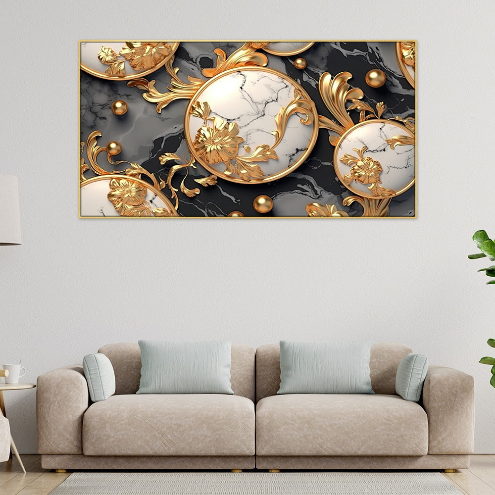 3D Gold White Flowers Art Set Wall Art Floating Frame Canvas Wall Painting