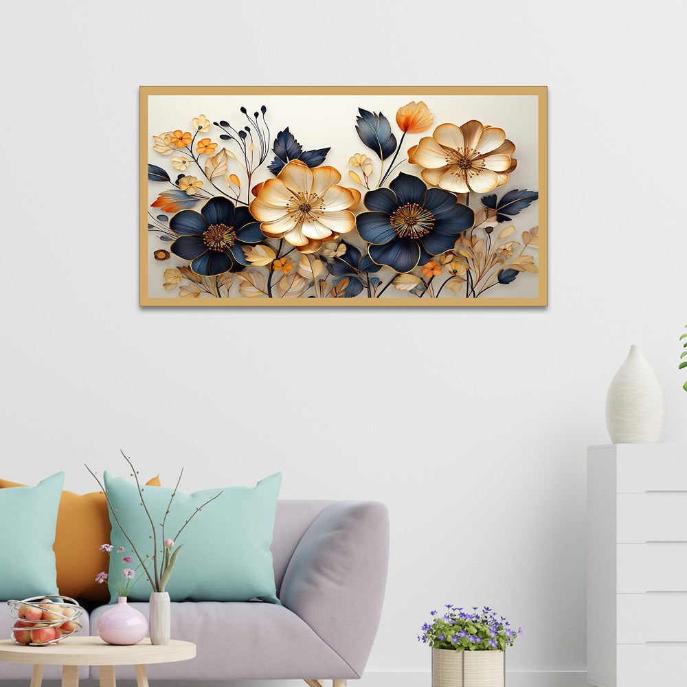 Beautiful Golden and Black 3D Flower Floating Frame Canvas Wall Painting