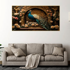 Breathtaking Sculpture of a Peacock Perched On a Branch Surrounded By Vibrant Roses Canvas Painting