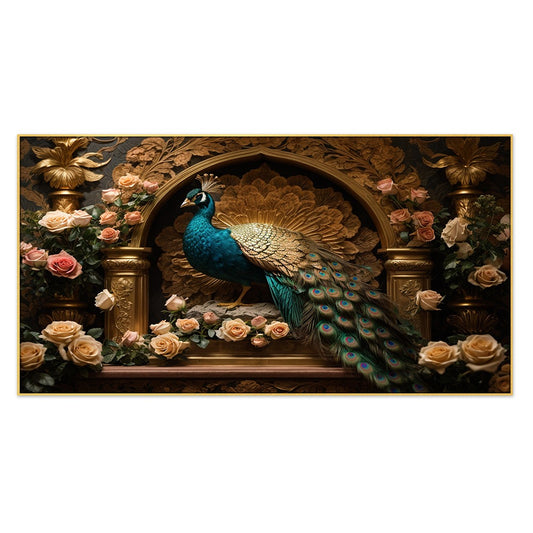 Breathtaking Sculpture of a Peacock Perched On a Branch Surrounded By Vibrant Roses Canvas Painting