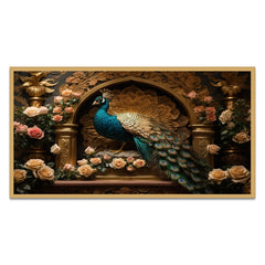 Breathtaking Sculpture of a Peacock Perched On a Branch Surrounded By Vibrant Roses Canvas Painting