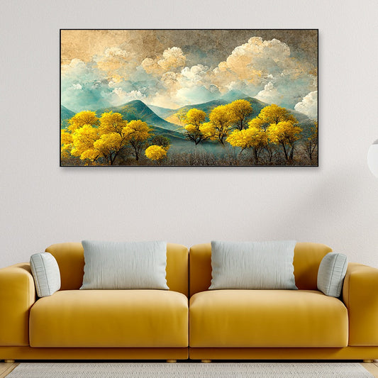 Brown Trees With Golden Flowers and Turquoise Black and Gray Mountains Floating Frame Canvas Painting