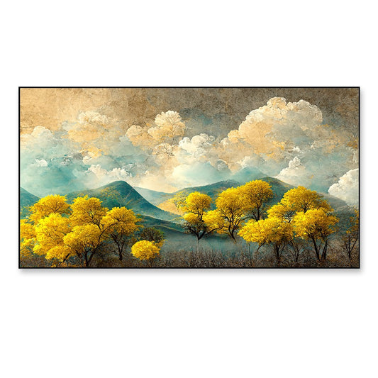 Brown Trees With Golden Flowers and Turquoise Black and Gray Mountains Floating Frame Canvas Painting