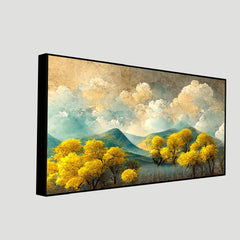 Brown Trees With Golden Flowers and Turquoise Black and Gray Mountains Floating Frame Canvas Painting