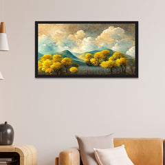 Brown Trees With Golden Flowers and Turquoise Black and Gray Mountains Floating Frame Canvas Painting